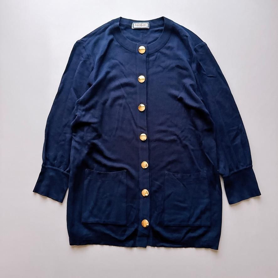 ヴィンテージ Yves Saint Laurent イヴサンローラン 金ボタン カーディガン クルーネック 紺 ネイビー YSL レトロ 福助 ウールレーヨン サンローラン