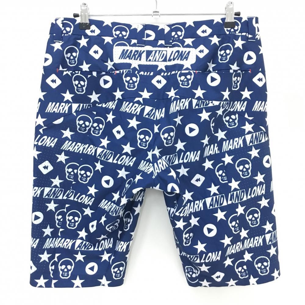 美品】マークアンドロナ ハーフパンツ ネイビー×白 ロゴ総柄
