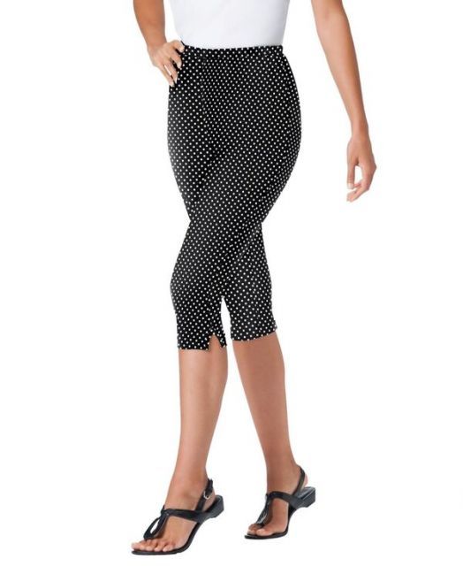 送料無料 ウーマン ウィズイン レディース レギンス ボトムス Women s Within Stretch-Cotton Knit Pull-On Printed Capri Leggings Black dot