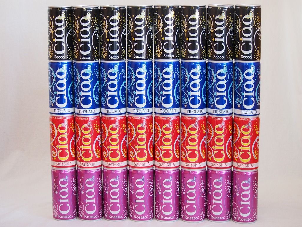 飲みきりイタリアワイン缶32本セット(チャオ サングリア やや甘口微発泡赤ワイン チャオ モスカート 甘口微発泡白ワイン チャオ ビアンコ 辛口微発泡白ワイン チャオ ロザート やや辛口微発泡ロゼワイン) 200ml×32本