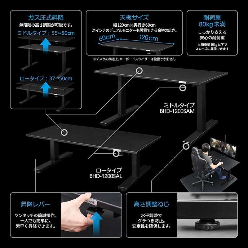 Bauhutte バウヒュッテ SAゲーミングデスク ミドル 脚部 120cm幅 55 80cm昇降 ブラック BHD-1200SAM-BK 0