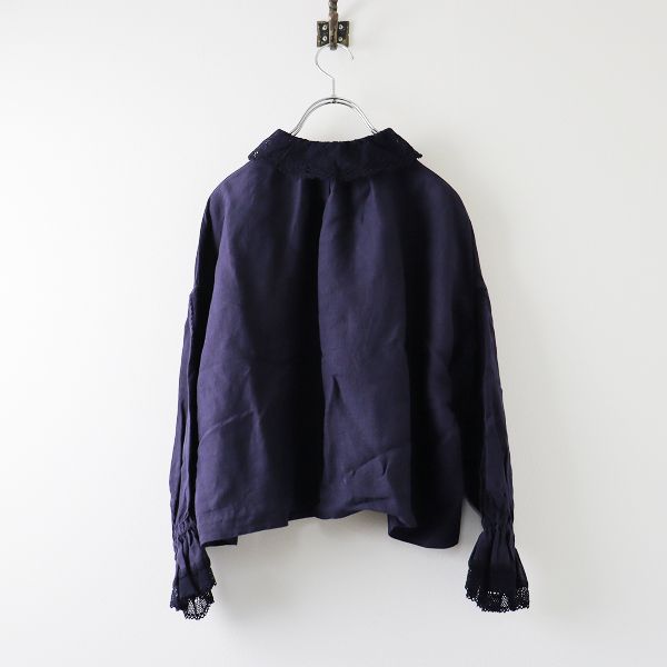 2023SS nest Robe ネストローブ リネン×レース ショートブラウス F/ネイビー トップス スカラップ衿 フレア袖 シャツ 麻【2400013419291】 2023SS nest Robe ネストローブ リネン×レース ショートブラウス F