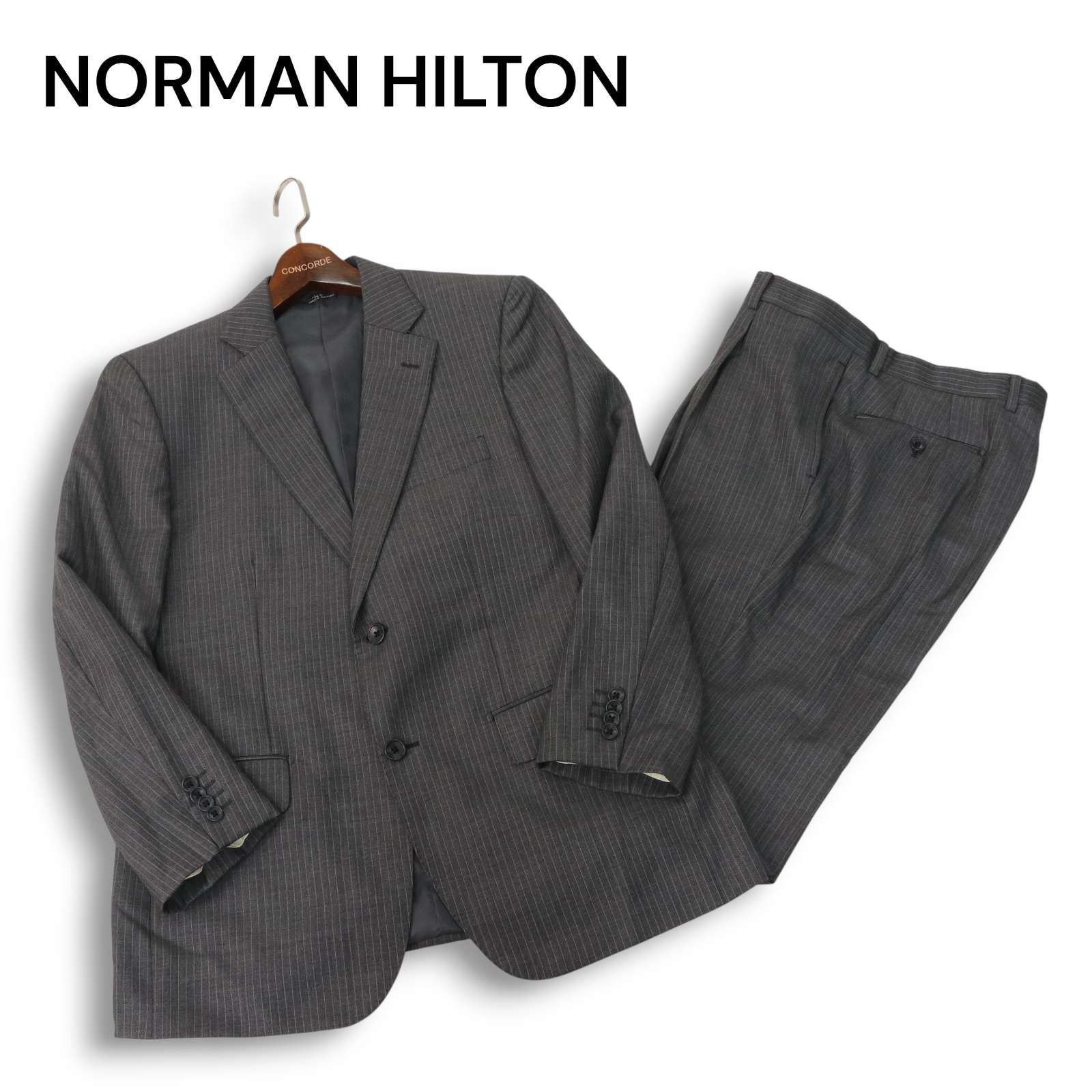 未使用級美品✨46 高級カノニコ生地 グレーストライプ セットアップ スーツ NORMAN HILTON ノーマンヒルトン 通年 カノニコ SUPER110'S生地