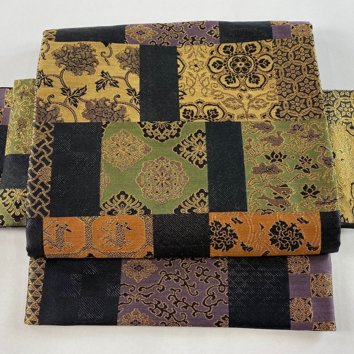 袋帯 美品 秀品 よろけ縞 箔 螺鈿 青紫 正絹 【中古】