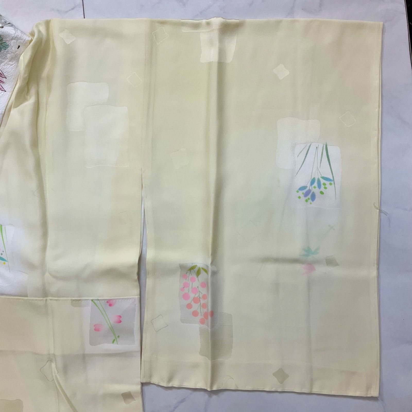 one◆ 同然◆長襦袢◆仕付け糸付き◆袷◆刺繍半衿付◆裄長◆パステルイエロー◆裄68肩丈128◆小紋紬附下訪問着留袖袷単衣夏着物◆K1177