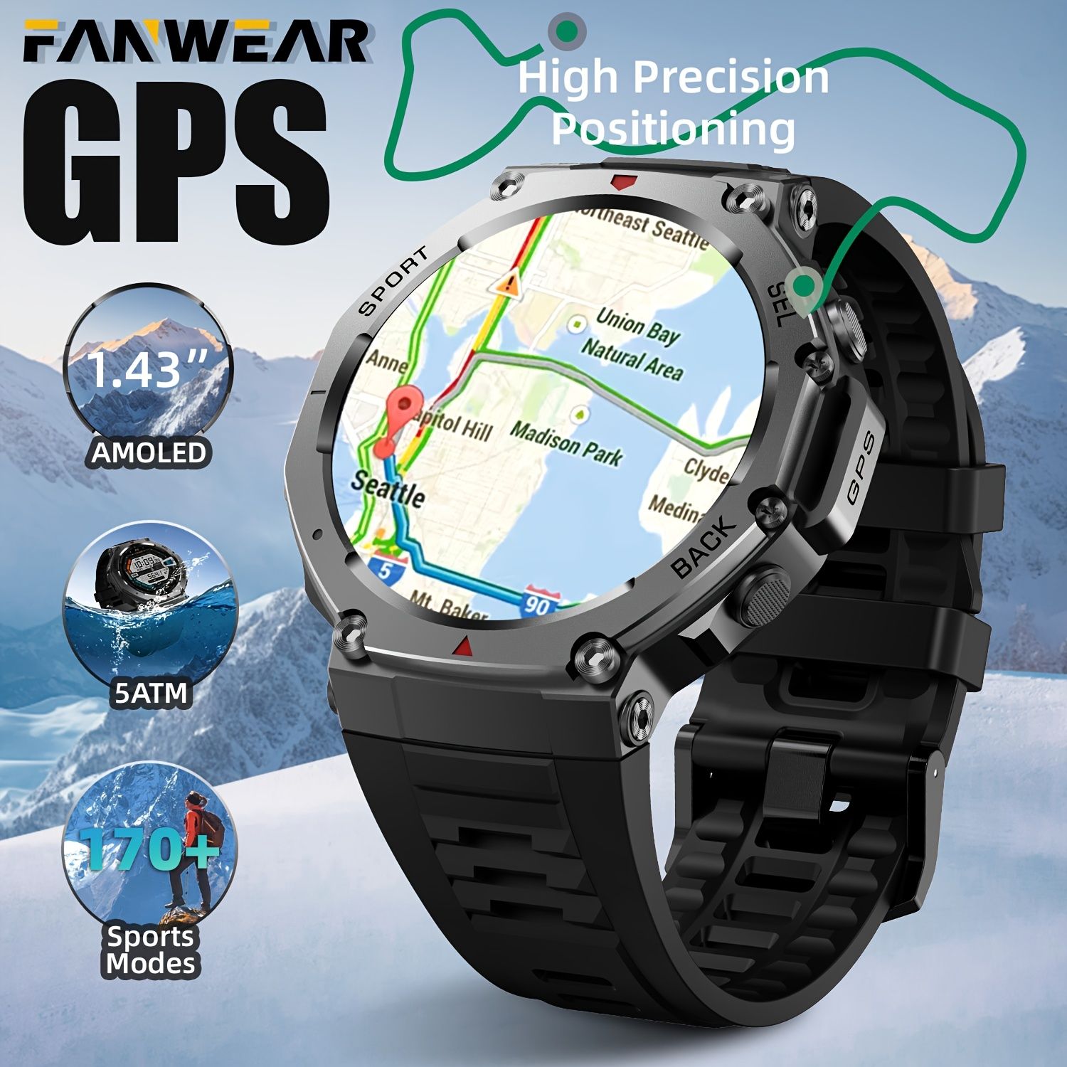 Fanwear T-Rex 3 GPS スマートウォッチ - 3.63cm AMOLED HD ディスプレイ デュアル周波数 GPS コンパス 高度圧力 5ATM 防水 ワイヤレス通話 スポーツモード USB 充電式バッテリー 屋外スポーツウォッチ|GPS