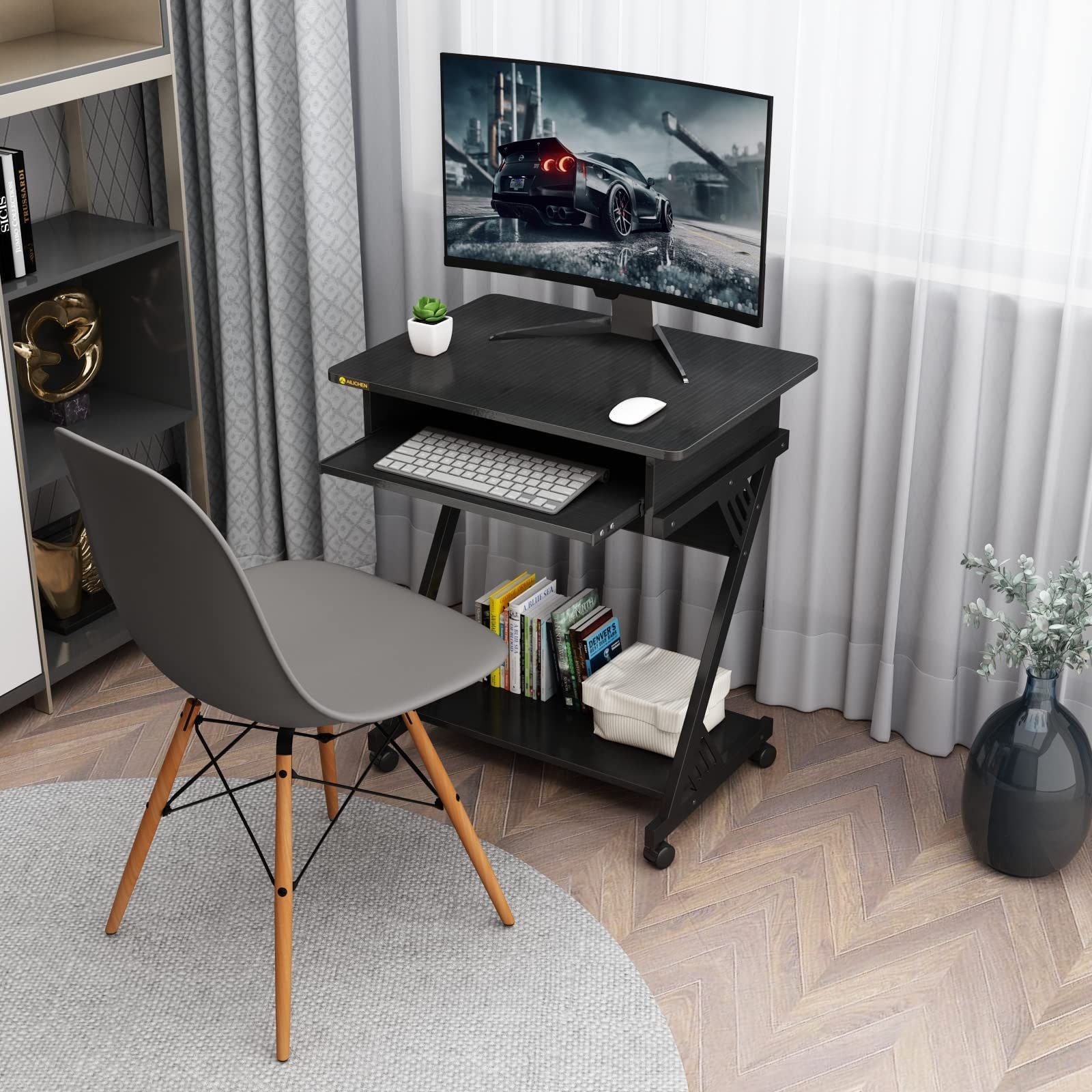 【新着商品】パソコンデスク キーボードテーブル付き 幅60*奥行48cm*高さ75cm つくえ 机 pcデスク モニタースタンド付き WIN ゲーミングデスク キャスター ラック付きデスク Z字型デスク 勉強机 
