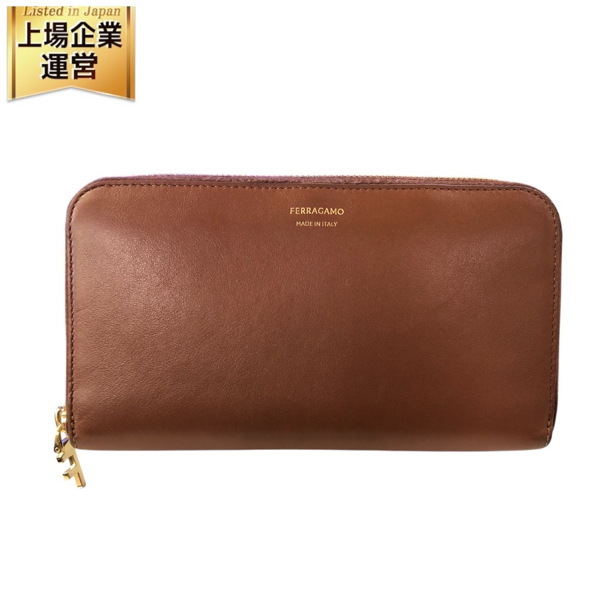 フェラガモ ラウンドジップ ウォレット 長財布 レザー ブラウン レッド レディース T10296431