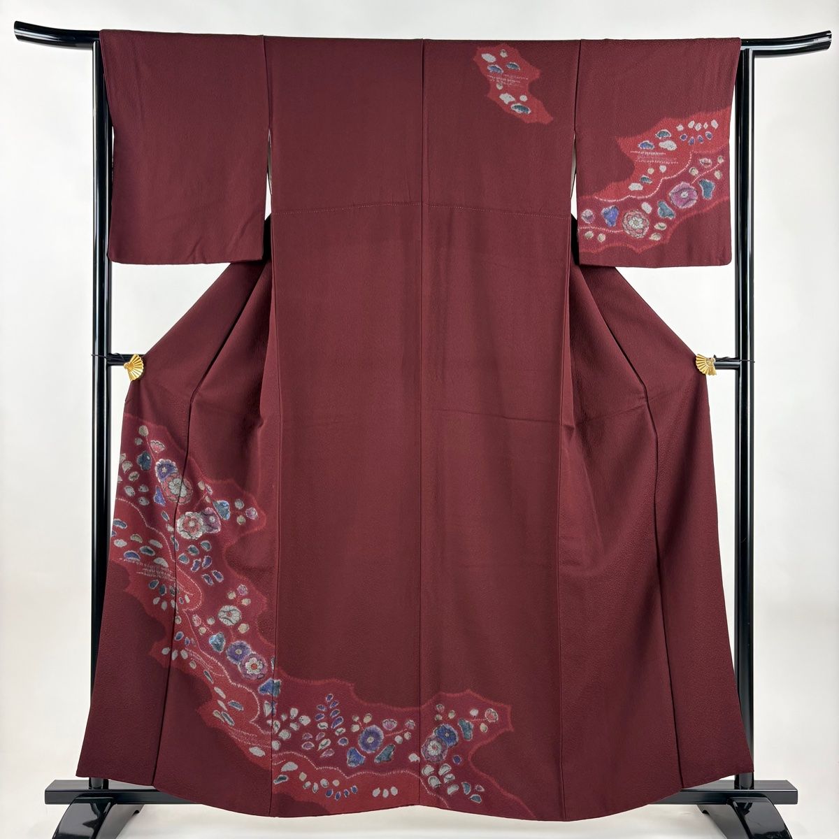 訪問着 身丈158cm 裄丈64cm M 袷 草花 雲文 刺繍 絞り えんじ色 正絹 秀品