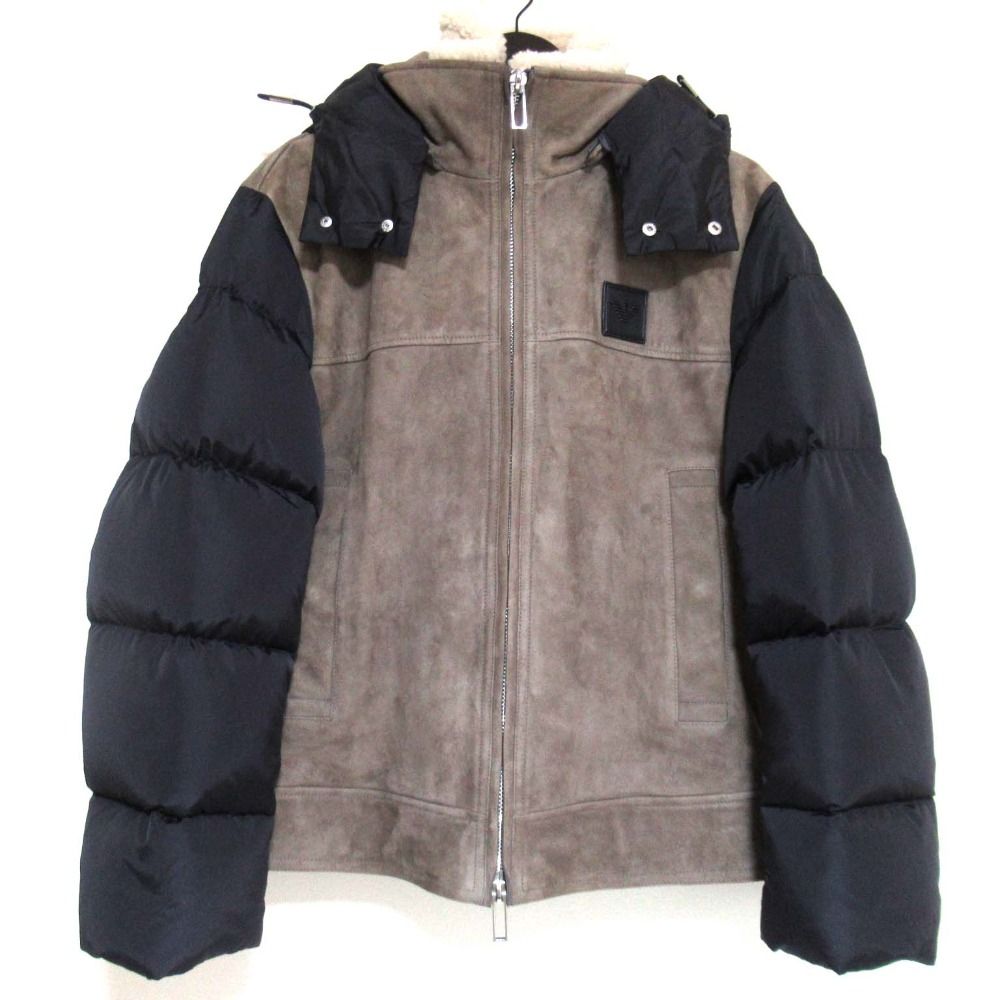 22AW EMPORIO ARMANI エンポリオアルマーニ スエード切替 ジップアップ フーディー ダウンジャケット 48 モカブラウン ブラック メンズ 古着