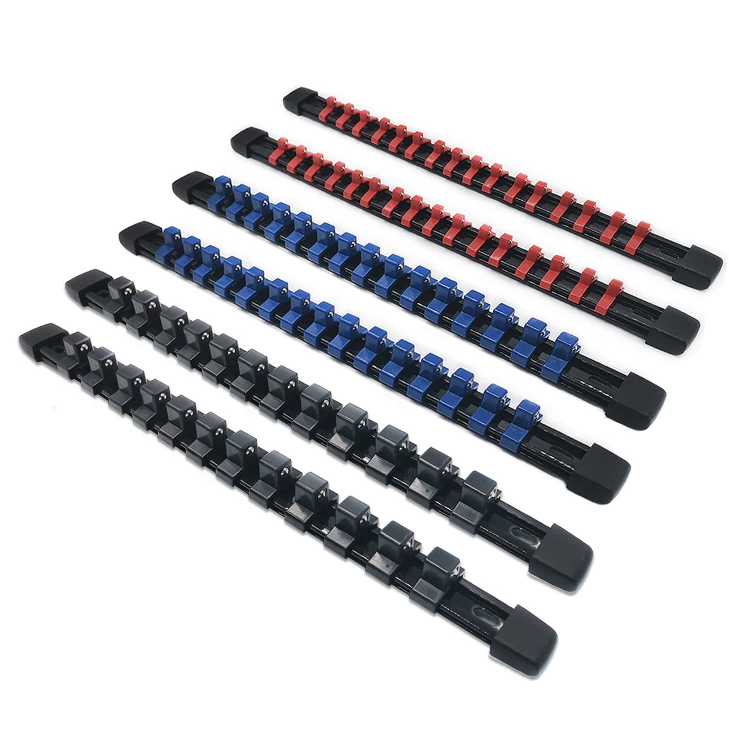 赤 ACEBON ソケットオーガナイザー、6ピースソケットホルダーキット、差込角6.35mm(1/4＂)、9.5mm(3/8＂)、12.7mm(1/2＂)、ポータブルソケットクリップレールホルダー、86個のソケットを保持 (赤)
