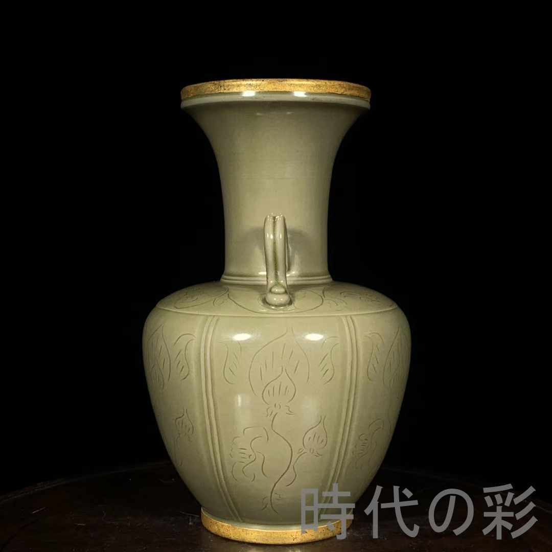 中国古美術 唐代 越窯 金 包口 刻花卉紋 双系瓶 花瓶 文房置物 茶道具 秘色釉 古陶磁器 旧蔵 古賞物 古玩 時代物 R0710110127