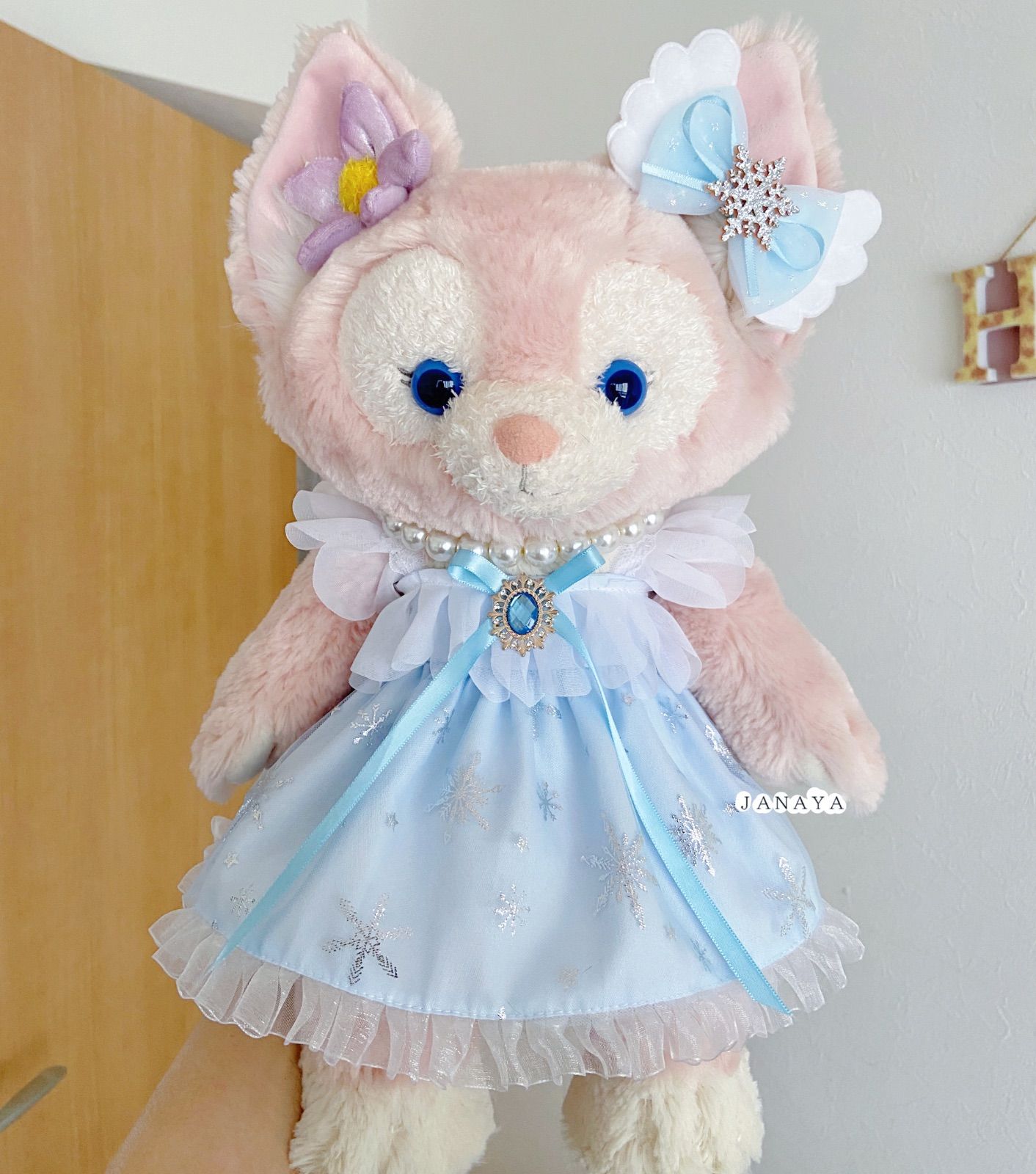 JANAYAハンドメイド　リーナベルコスチューム　水色雪柄レースワンピース　水色リボン