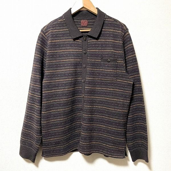 wnc パパス Papas カーディガン L こげ茶 マルチ ニット ボーダー ロゴ刺繍 ポケット メンズ 936259