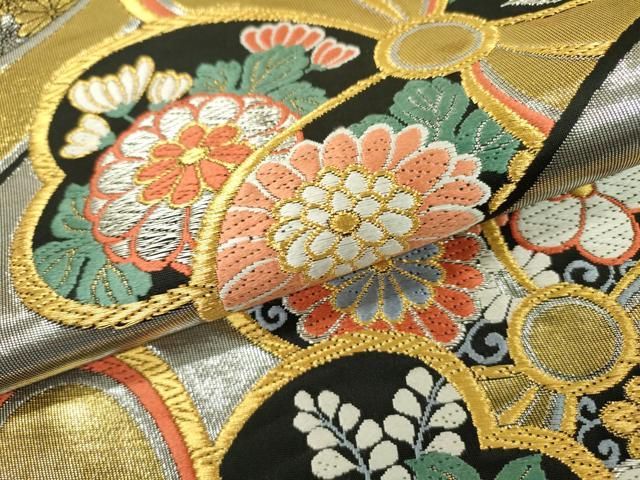 未使用品　高級【値下げOK】六通柄 唐織 逸品 正絹 袋帯 金糸　振袖 平和屋着物▽六通柄袋帯 唐織 扇面尽くし 黒地 金糸 引箔 正絹