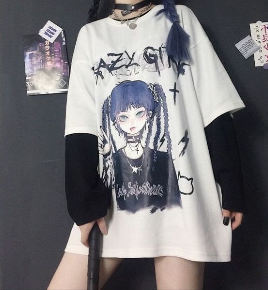地雷系 ファッション オーバーサイズ プリント Tシャツ ユニ