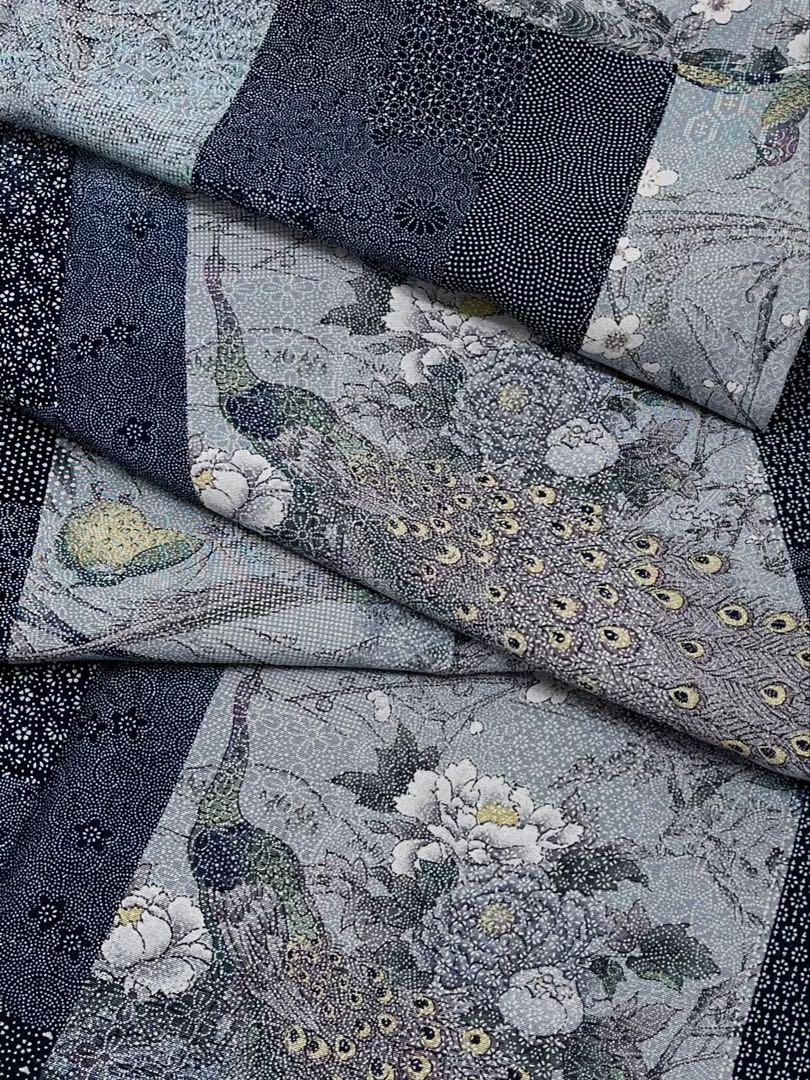 伊勢型友禅 小紋 一尾欽樹 花鳥風月 孔雀 鳥 正絹 躾糸付き