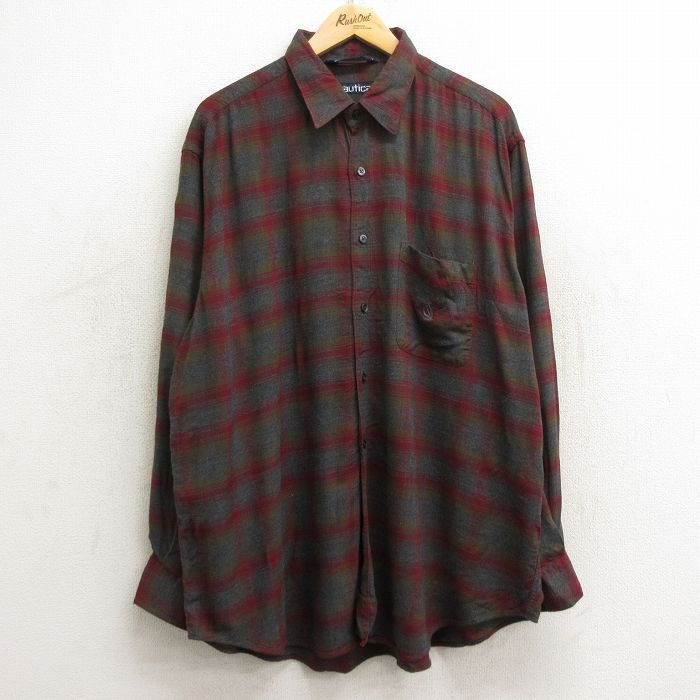 XL/古着 ノーティカ 長袖 ブランド シャツ メンズ 90s ワンポイントロゴ 大きいサイズ レーヨン グレー他 チェック 24jun04 中古 トップス