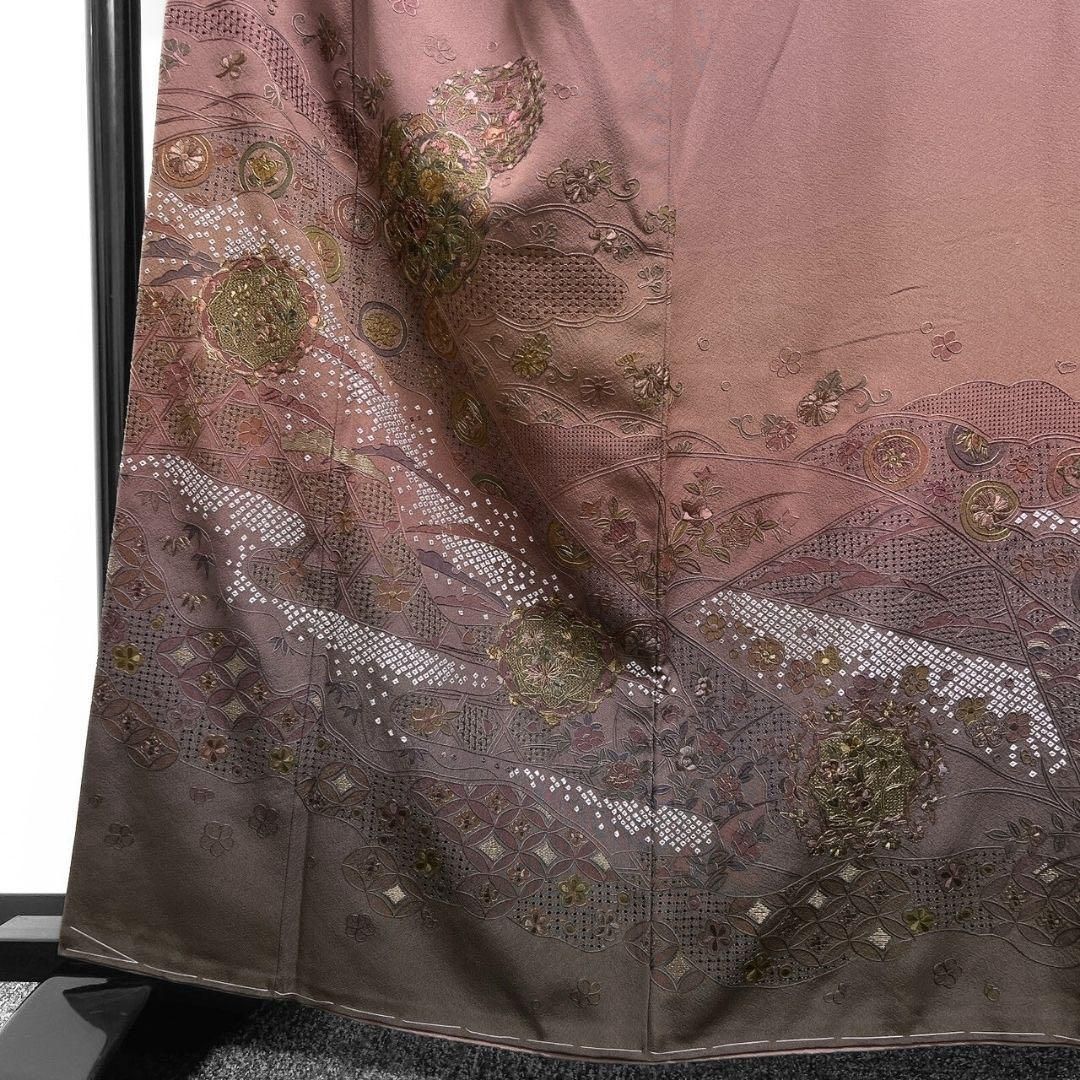 金駒刺繍 刺繍 スワトウ刺繍 菊花 牡丹 付け下げ 着物 083w p