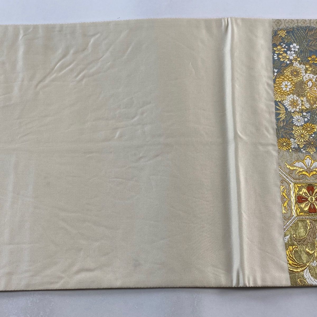 袋帯 秀品 蜀江文 草花 箔 金糸 ベージュ 六通 正絹 【中古