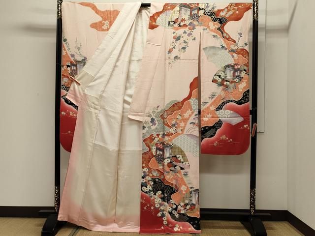 平和屋着物□豪華振袖 駒刺繍 地紙重ね御所車花文 暈し染め 金銀彩  