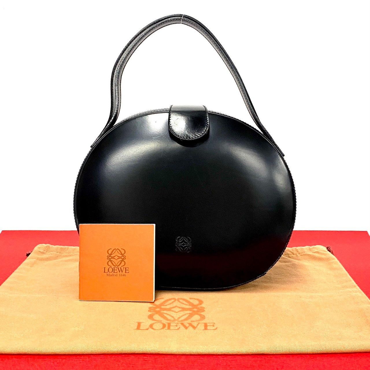 極 美品 袋付 ロエベ アナグラム カーフレザー ミニ ハンドバッグ ネイビー