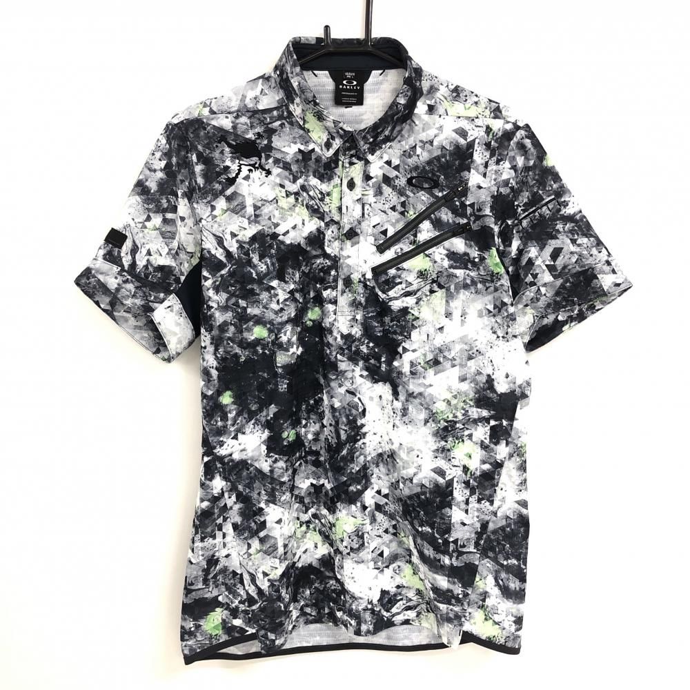 SALE15％OFF【超美品】オークリー 半袖ポロシャツ 白×黒 総柄 織生地 ジップポケット ティー装着可 スカル刺しゅう メンズ L ゴルフウェア Oakley