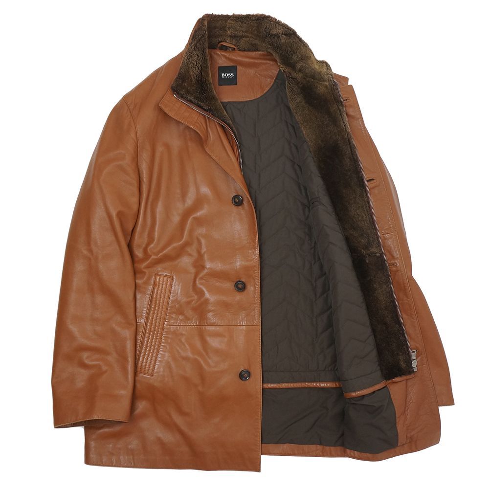 美品 HUGO BOSS レザー ロングコート ブラウン ラムレザー ムートン