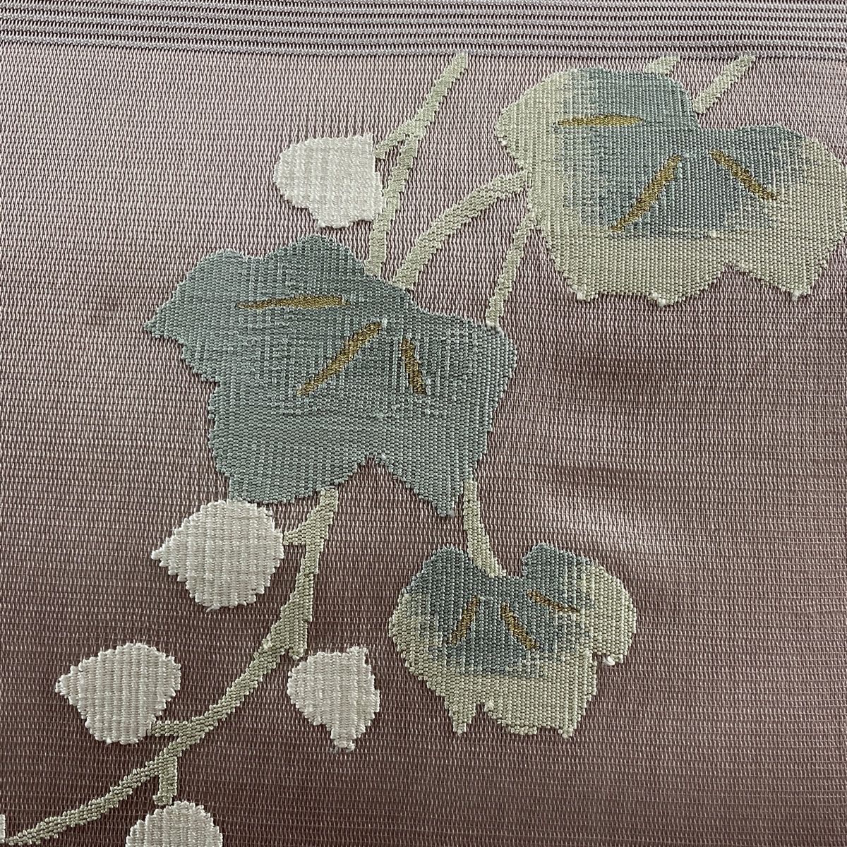 袋帯 美品 秀品 夏帯 絽 草花 金糸 灰紫 お太鼓柄 正絹 【中古