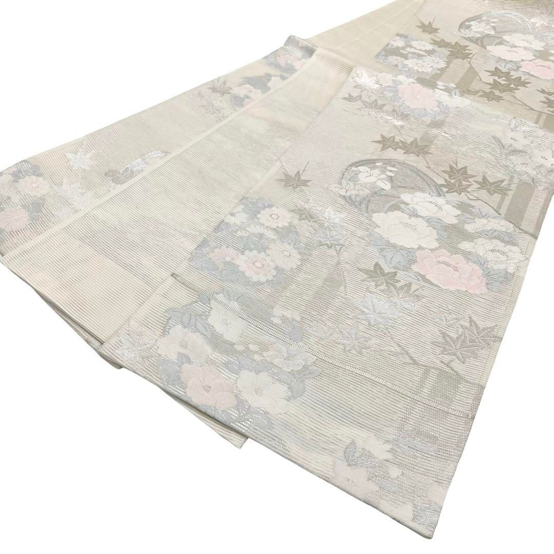 夏帯 袋帯 丸に上品な花模様 銀糸 乳白色 O-3940 - メルカリ 