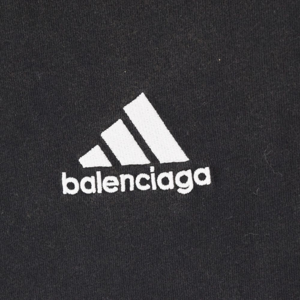 BALENCIAGA バレンシアガ ×adidas ユーズド加工ロゴ刺繍半袖Tシャツ クルーネックカットソー ブラック/レッド 724554 TNVA6