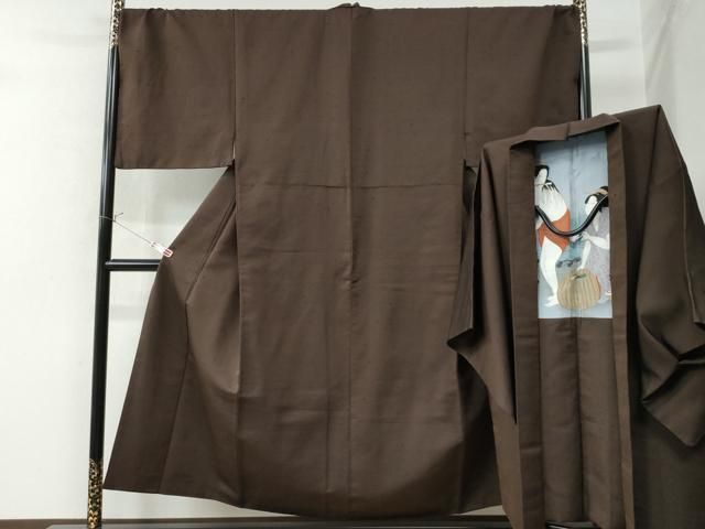 平和屋着物●男性 紬 アンサンブル 色無地 黒茶色 キングサイズ 正絹 CAAW8477yc