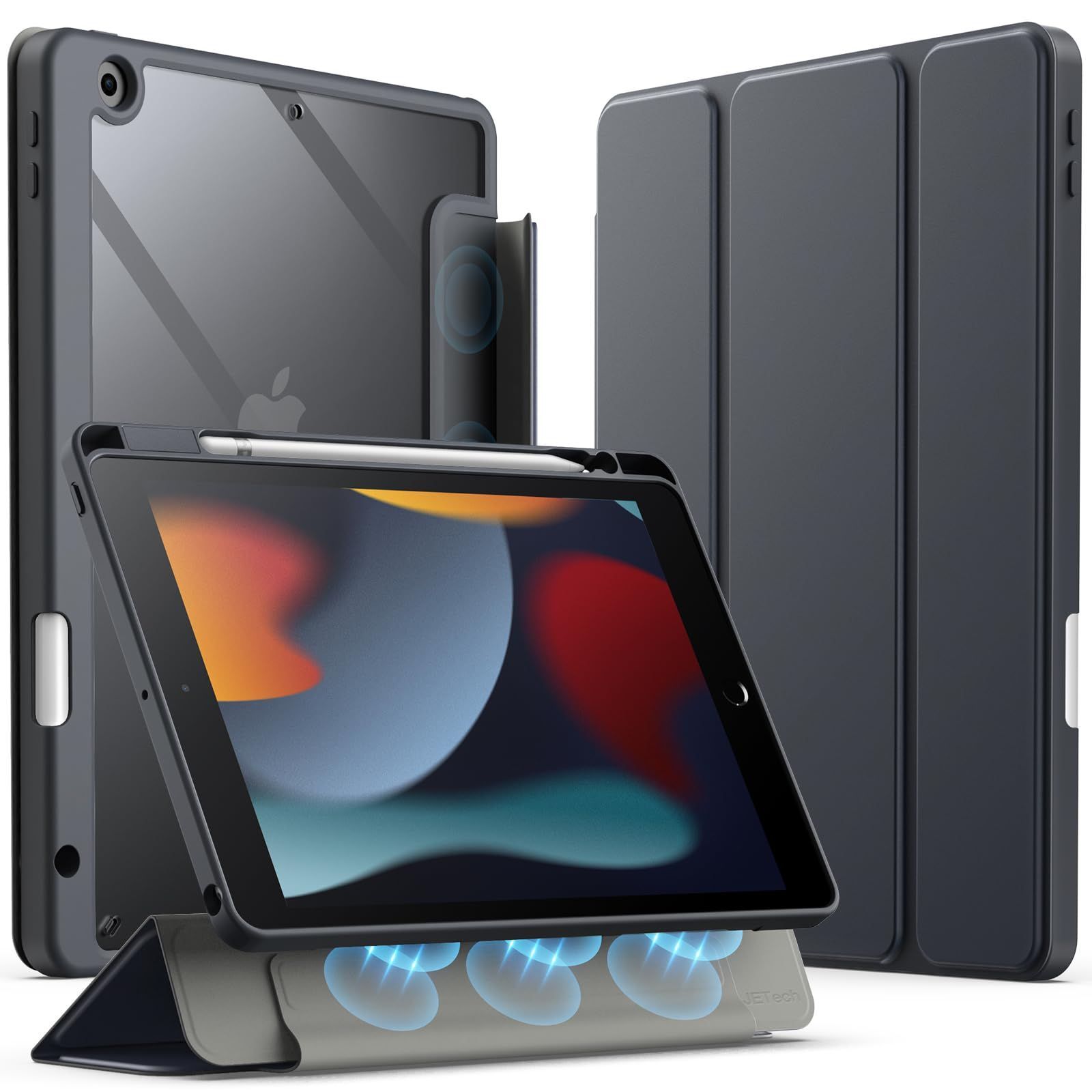 【在庫処分】iPad 9/8/7用 (10.2インチ、2021/2020/2019モデル、第9/8/7世代) 着脱式ケース Pencilホルダー付き 取り外し可能な磁気カバー 三つ折りスタンド JEDirect クリアバック 自動ウェイク/スリープ