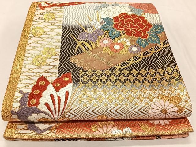 平和屋着物◎六通柄袋帯 唐織 亀甲花蝶文 金糸 正絹 逸品