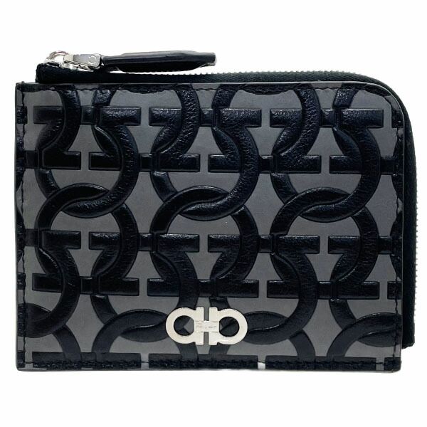 サルヴァトーレ フェラガモ カードケース ガンチーニ L字ファスナー コンパクト財布 レザー 革 グレー ブラック 黒 66 1081 Salvatore Ferragamo カードホルダー カード入れ 札入れ ミニ財布 ミニウォレット コインケース