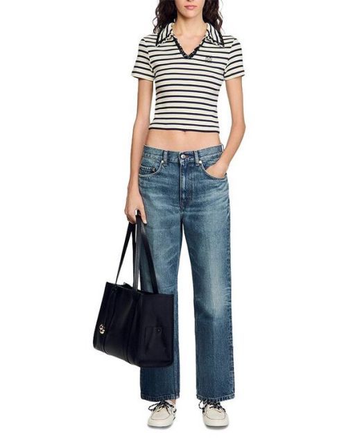 サンドロ レディース ポロシャツ トップス Striped Polo Shirt Ecru Navy