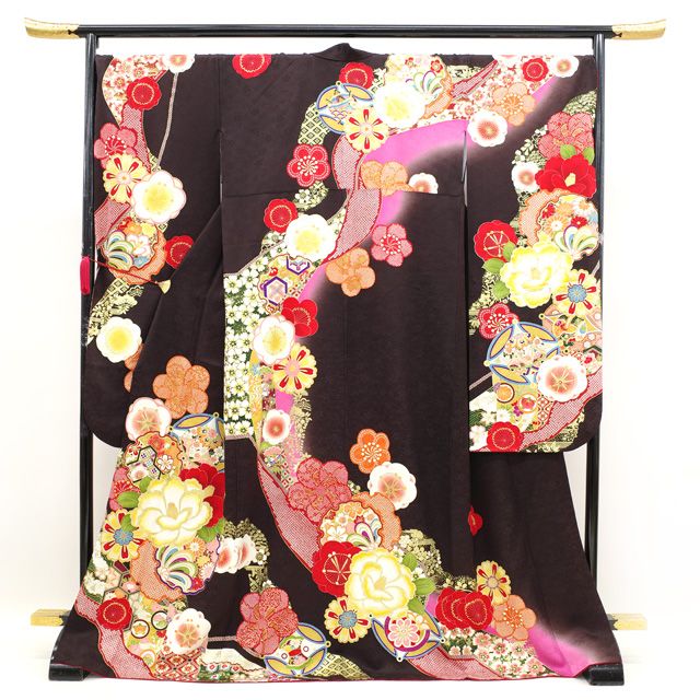 5点＋　D514  振袖　薔薇　ダークブラウン　正絹　着物　袷　極美品 5点＋D514 振袖薔薇ダークブラウン正絹着物袷極美品