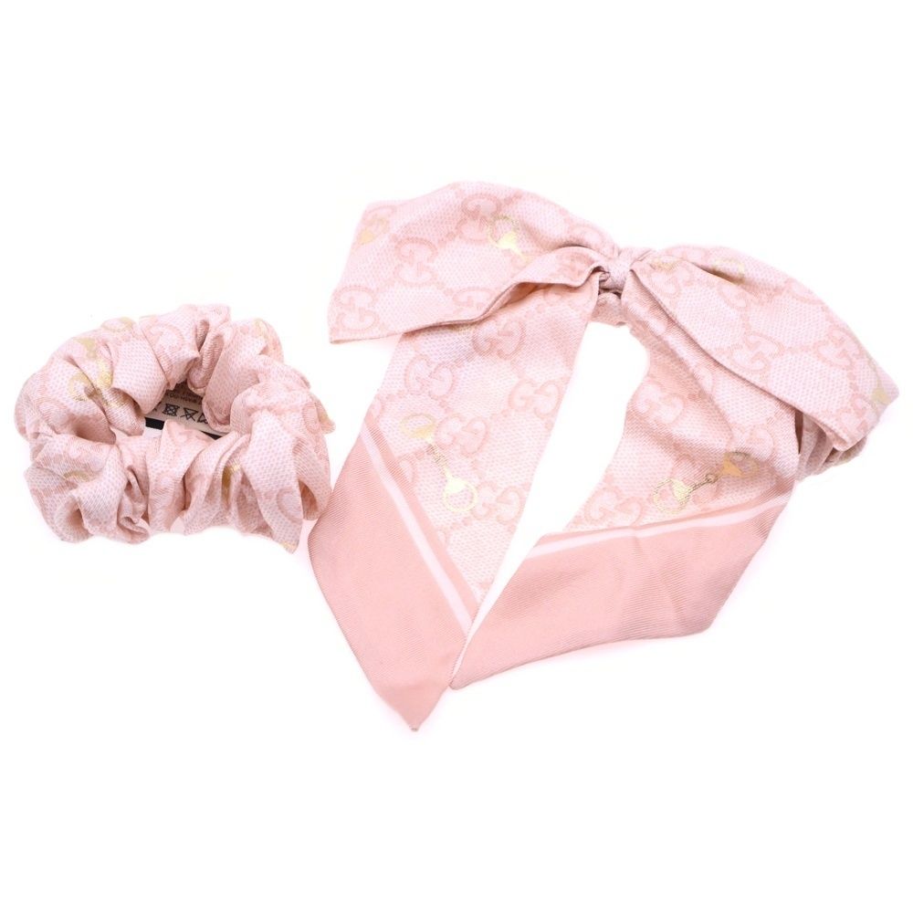 GUCCI グッチ GG 総柄 リボン シルク ヘアアクセサリー ヘアゴム シュシュ セット ピンク レディース 770292