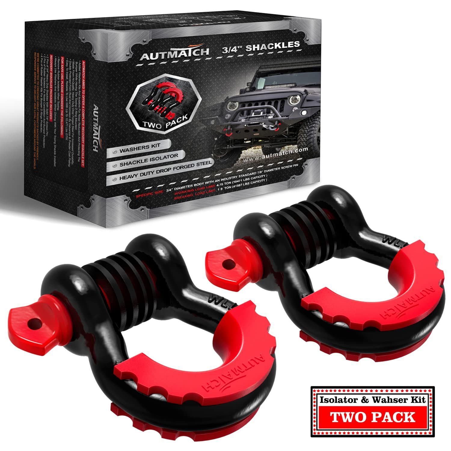 新品 AUTMATCH Dリング シャックル 3/4 (2個セット) 破断強度約19トン 7/8 スクリューピン シャックルアイソレーター ワッシャー付き 牽引ストラップ ウィンチ オフロード車 リカバリー 1.90cm（3/4
