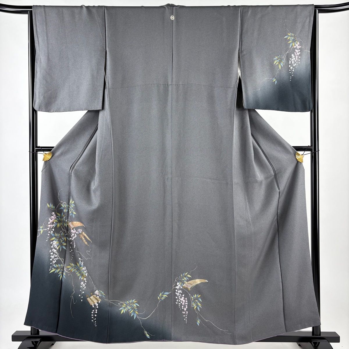 訪問着 身丈158cm 裄丈65cm M 袷 和楽器 藤 金彩 ぼかし 灰色 正絹 秀  