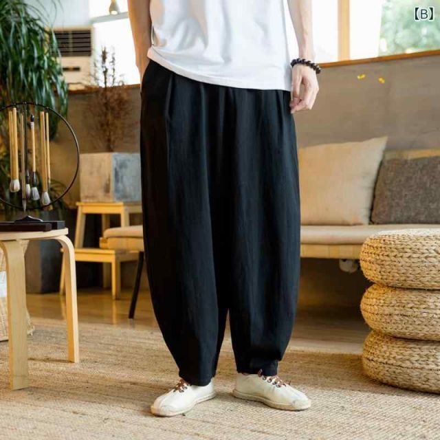 [2XL]メンズ ファッション 服 男性用 オシャレ シンプル 大人 かっこいい 大きいサイズ ストリート 紳士服 太極拳 パンツ 夏 武術 ワイド レッグ 綿麻 カンフー ロング