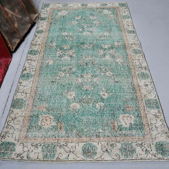 トルコヴィンテージラグ グリーン エレガント ダブルフレーム 花柄