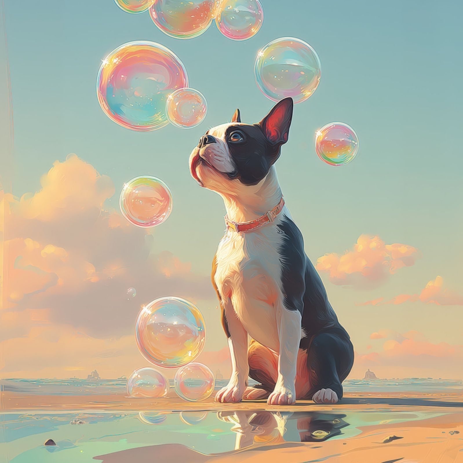 名入れOK 犬とシャボン玉 - ボストンテリア犬 No.1 アートポスター ペットロス うちの子記念日 北欧 ナチュラル