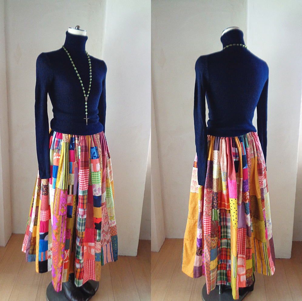 絵画なパッチワーク♥saffron yellow♥85㎝丈 ボリューム ロング 