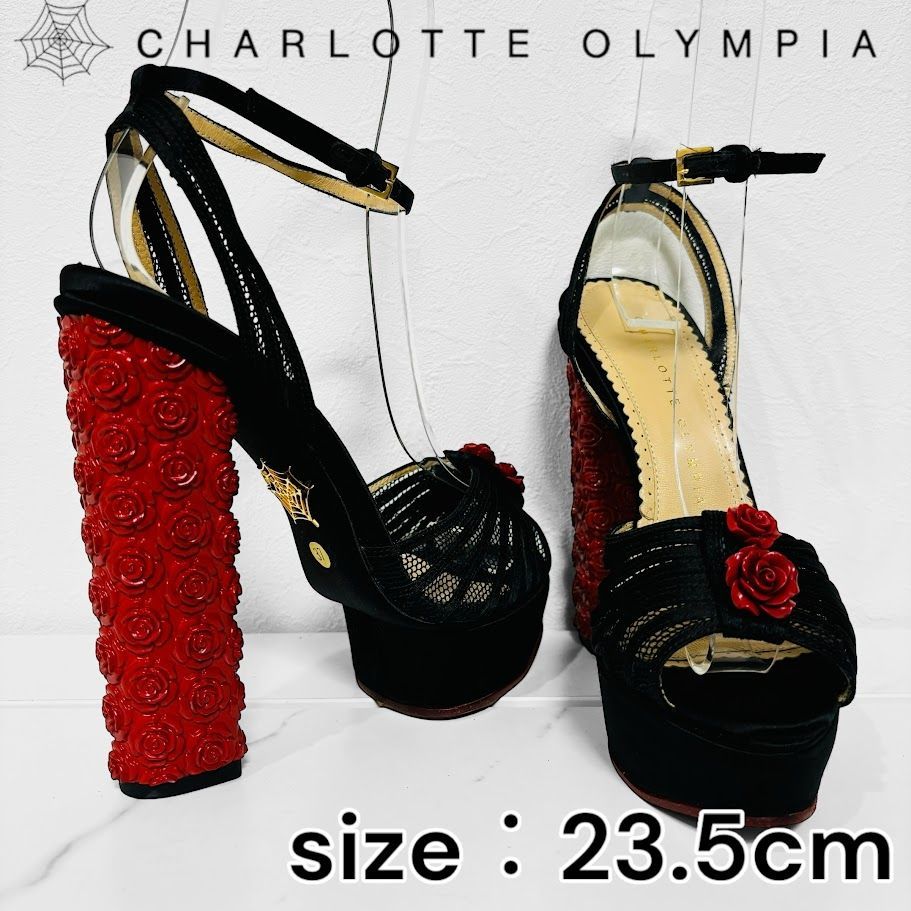 Charlotte Olympia シャーロットオリンピア ヒールサンダル ストラップ オープントゥ ブラック フローラル プラット フォームヒール  薔薇モチーフ 黒 赤 - メルカリ