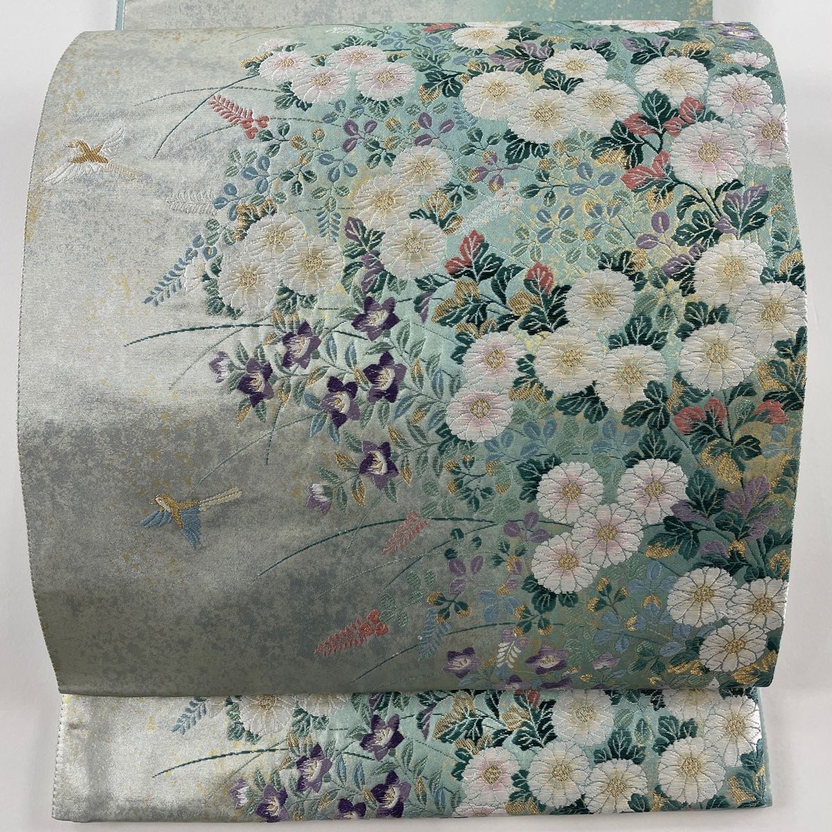 袋帯 秀品 正倉院裂取花鳥文 唐織 金糸 薄緑 六通 正絹 【