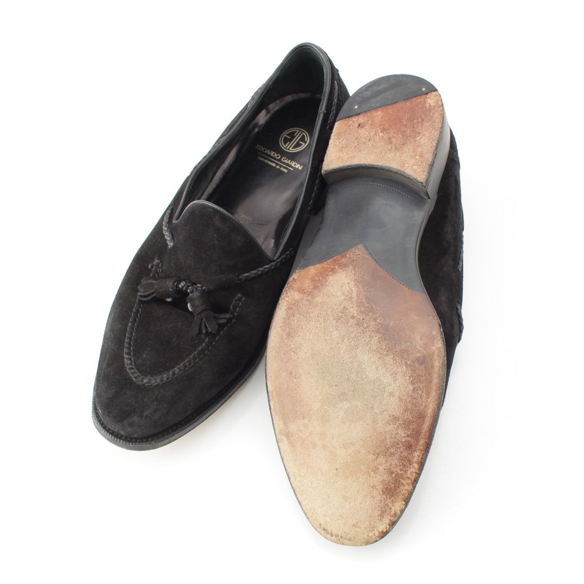 ご来店を待ちます! エドアルドジャルディーニ EDOARDO GIARDINI スウェード タッセル ローファー シューズ ブラック 9 1 2 おまけ付
