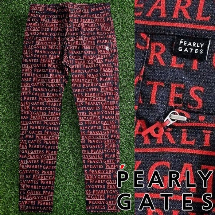 PEARLY GATES パーリーゲイツ ゴルフ TCドビー メゾンロゴプリント 総柄 ストレッチ ロングパンツ ゴルフウェア 053-2131313 定価3.3万 ブラック レッド ▲036 50206w05