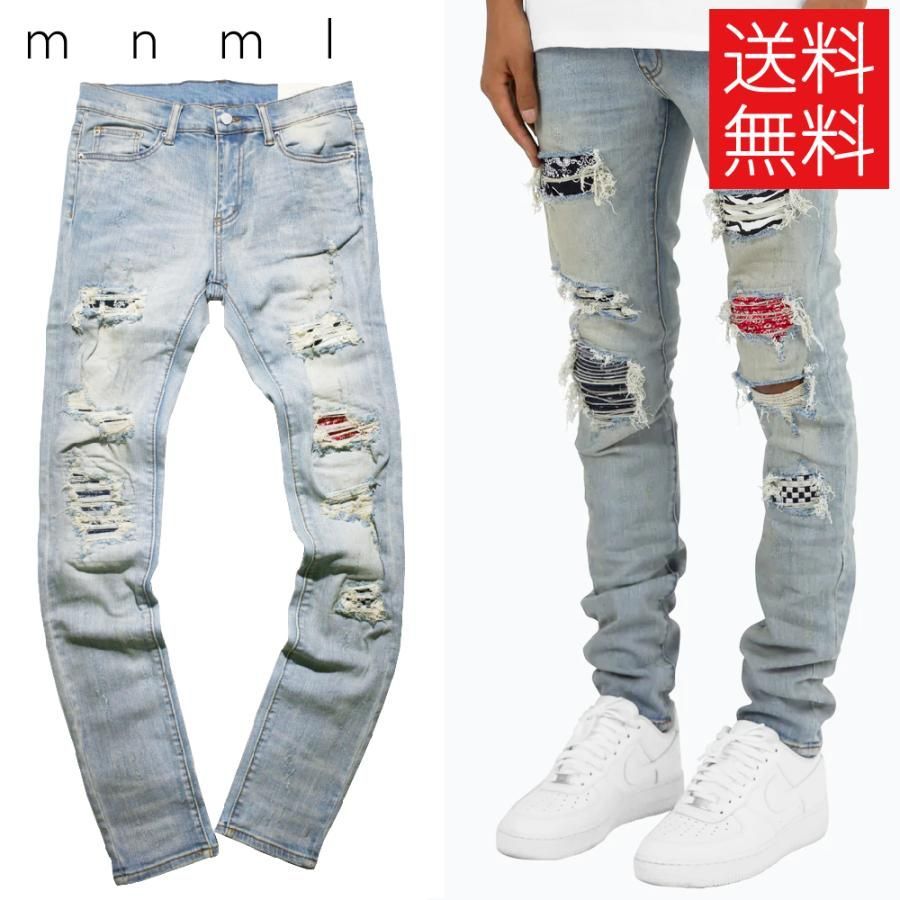 送料無料】mnml X214 リペア スキニー デニム パンツ バンダナ 