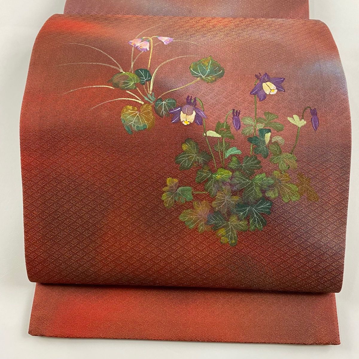 袋帯 秀品 草花 金糸 赤茶 お太鼓柄 正絹